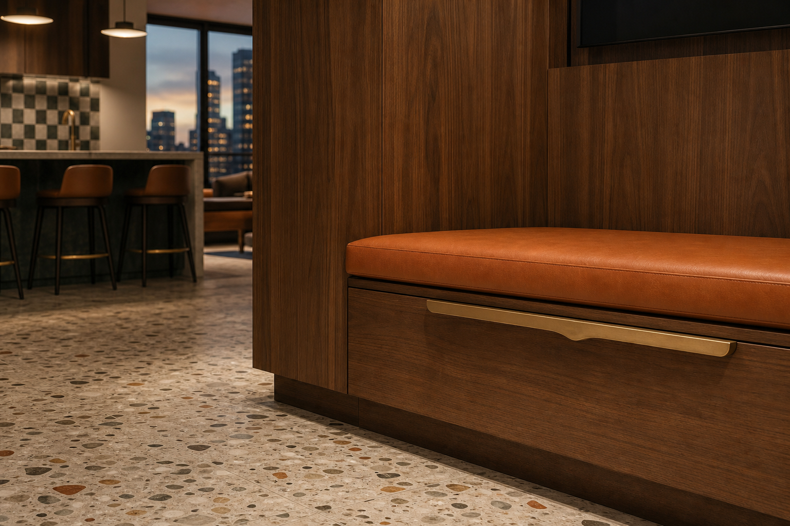 Suite de Sala de Estar Galleria con Banqueta de Escucha Terrazzo acabado y detalle