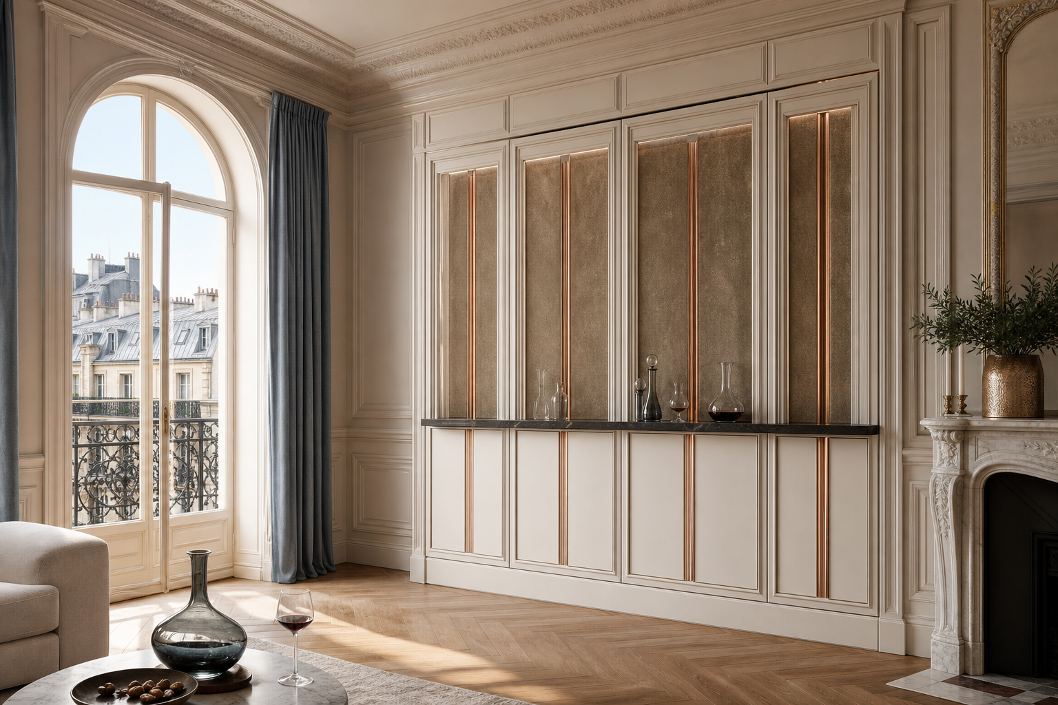 Fadior Grotto Wine Cabinet Suite with Obsidian Decanter Ribbon — lifestyle setting with natural light and residential styling