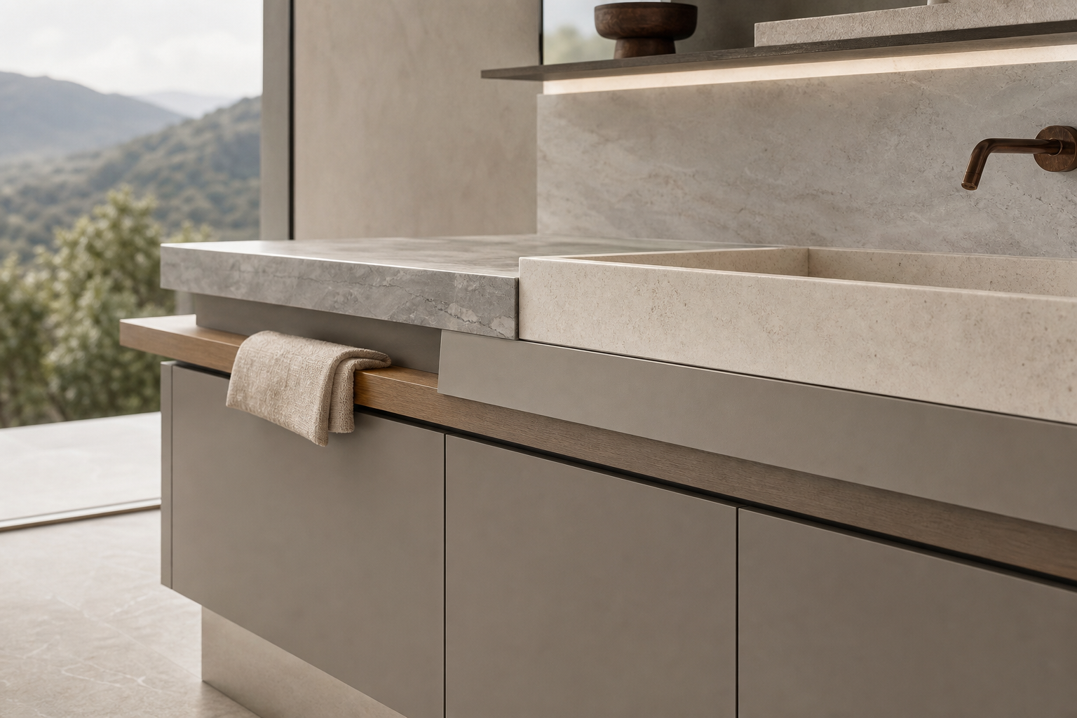 Fadior Alcove Bath and Vanity Suite with Quartzite Ledge Towel Console — close-up of stainless steel finish and hardware