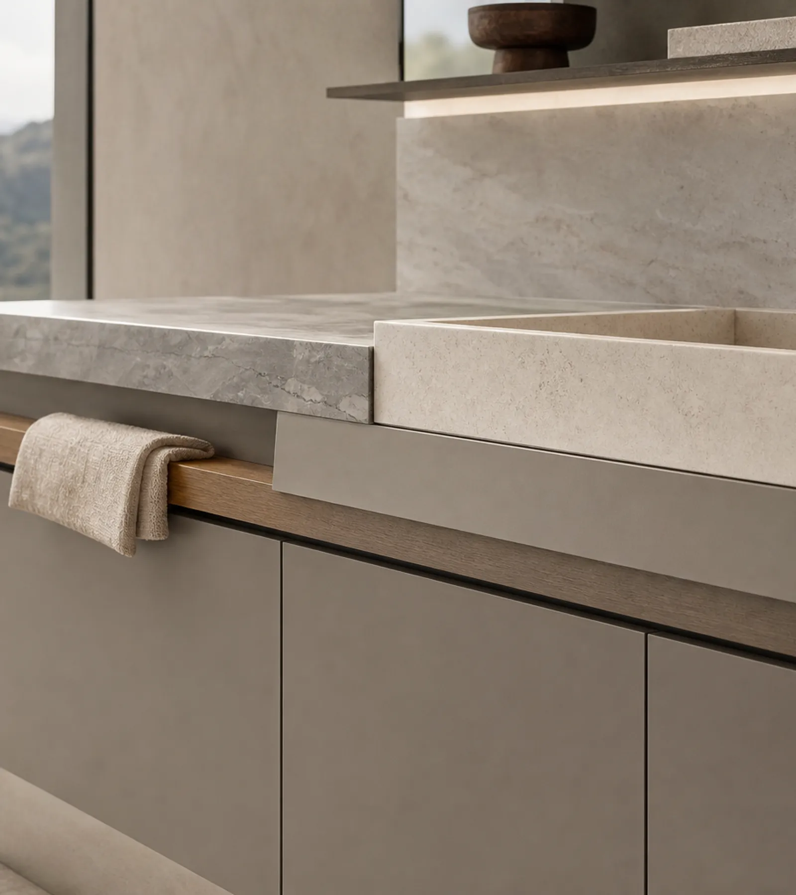 Fadior Alcove Bath and Vanity Suite with Quartzite Ledge Towel Console — close-up of stainless steel finish and hardware