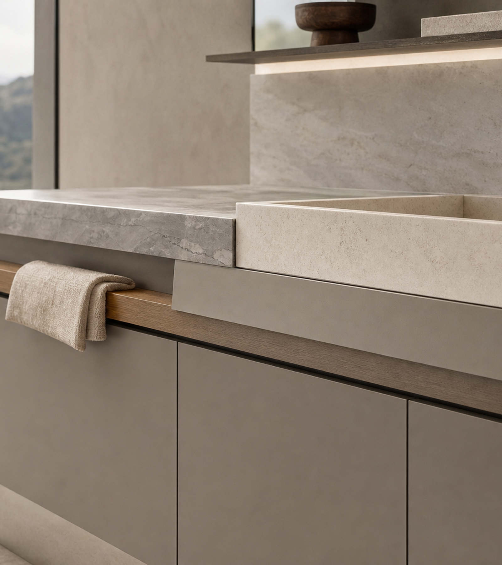 Fadior Alcove Bath and Vanity Suite with Quartzite Ledge Towel Console — close-up of stainless steel finish and hardware