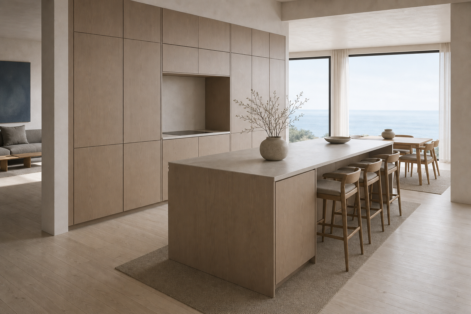 Fadior Solace Kitchen Suite with Cold-Finished Hearth Island — interior room context showing cabinet integration