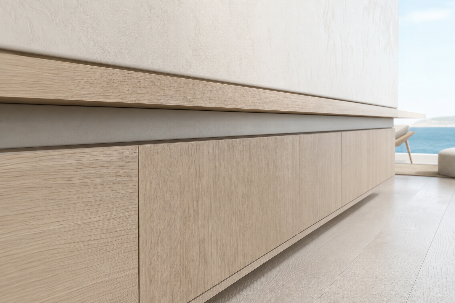 Fadior Patina Living Room Suite with Ribbon Ledge Audio Wall — close-up of stainless steel finish and hardware detail