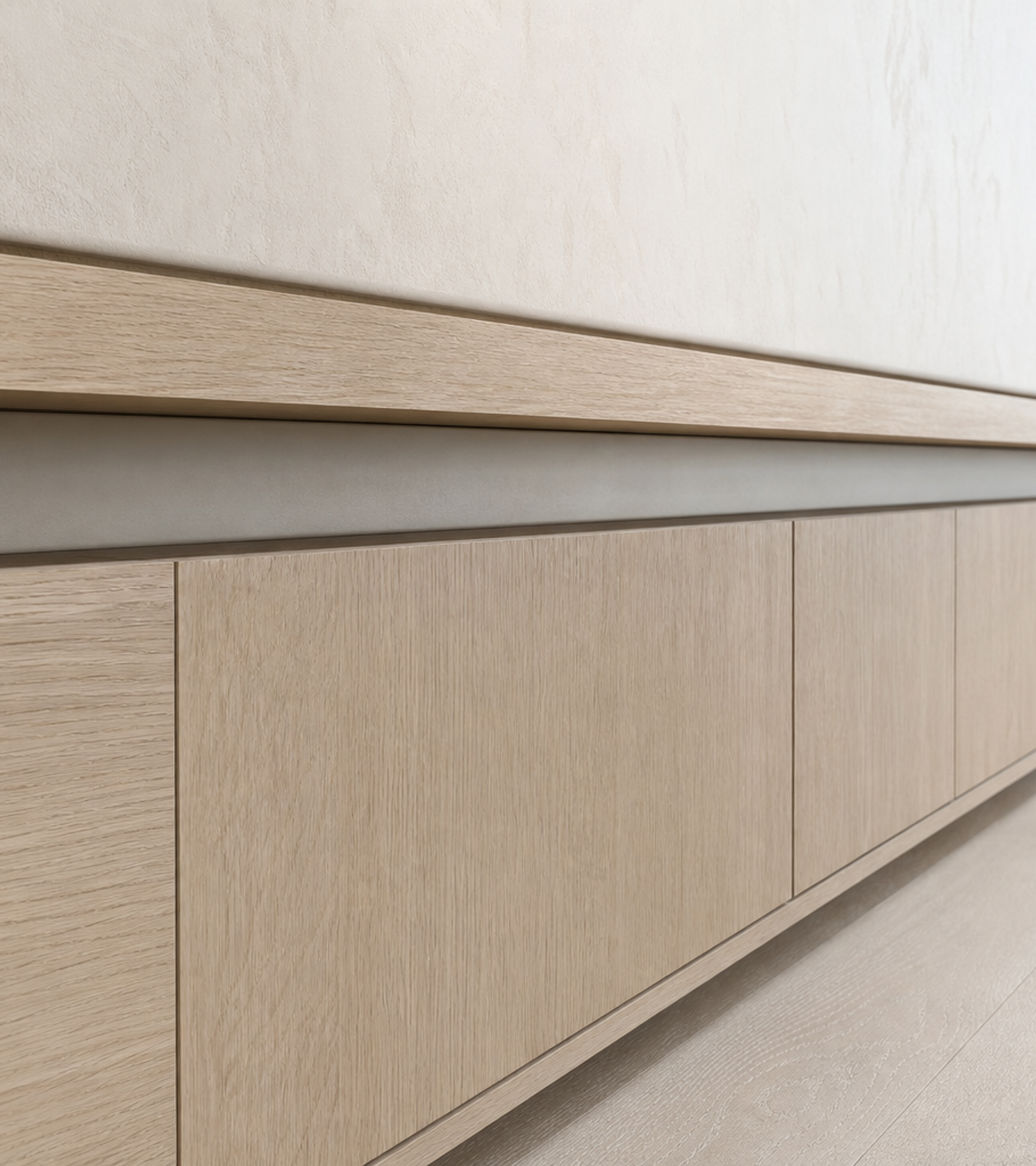 Fadior Patina Living Room Suite with Ribbon Ledge Audio Wall — close-up of stainless steel finish and hardware detail