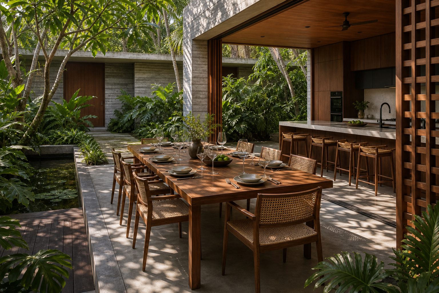 Fadior Singapore Garden Courtyard Villa — Singapore courtyard dining setup with hardwood table, cane chairs, water feature, tropical plants, open kitchen, timber island, wood lattice, and glassware