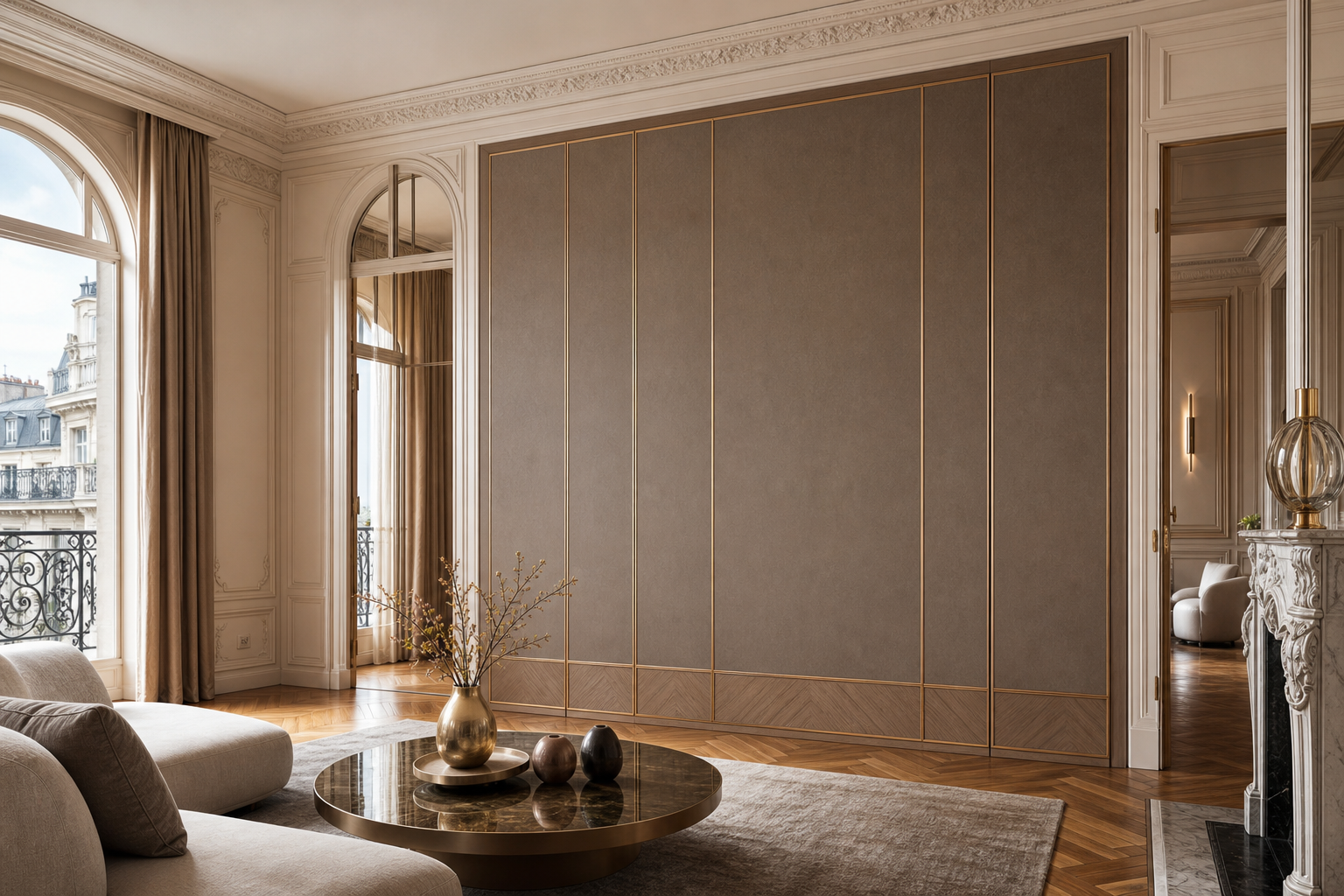 Fadior Terrazzo Wall Panel Suite with Spectral Oxide Salon Wall — lifestyle setting with natural light and residential