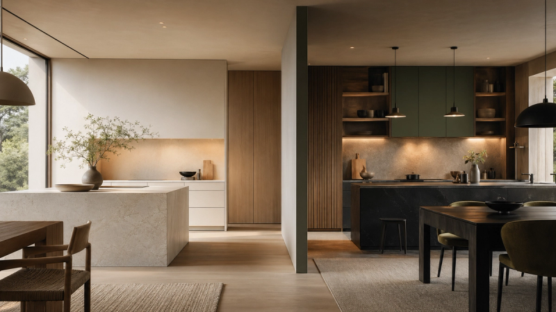 Decision comparison scene: one quiet, warm minimalist kitchen zone contrasted with a busier kitchen composition that breaks visual calm.