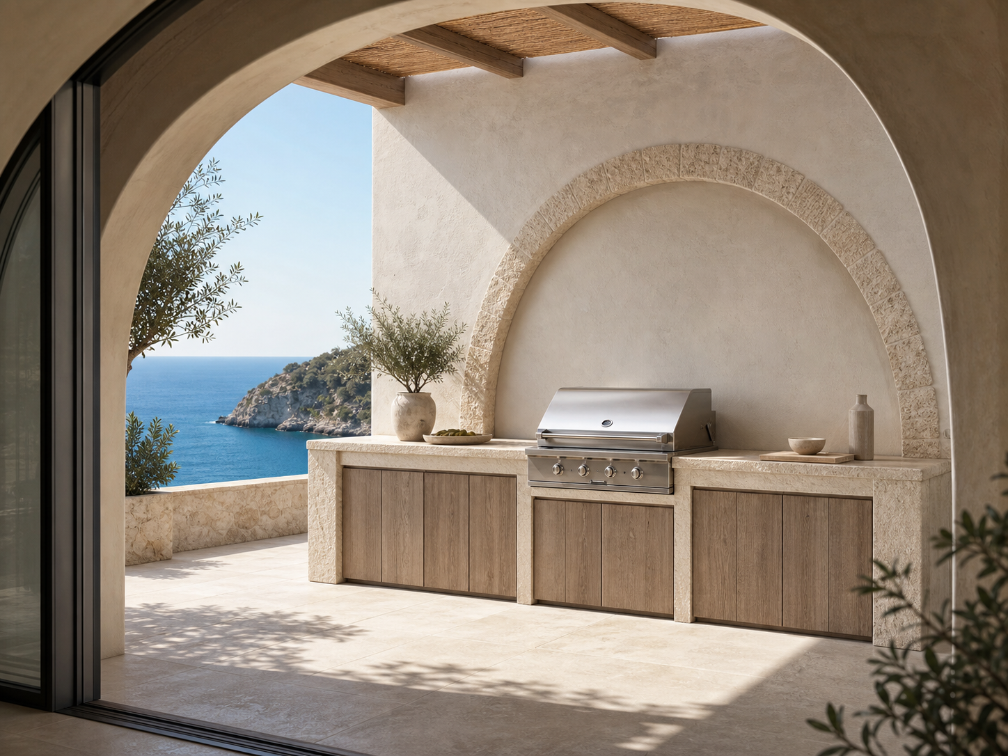 Fadior Vantage Outdoor Kitchen Suite with Porcelain Monolith Prep Terrace — interior room context showing cabinet integration
