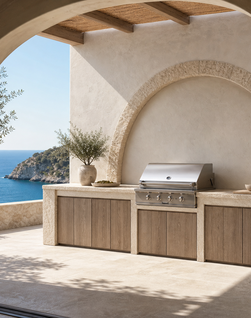 Fadior Vantage Outdoor Kitchen Suite with Porcelain Monolith Prep Terrace — interior room context showing cabinet integration
