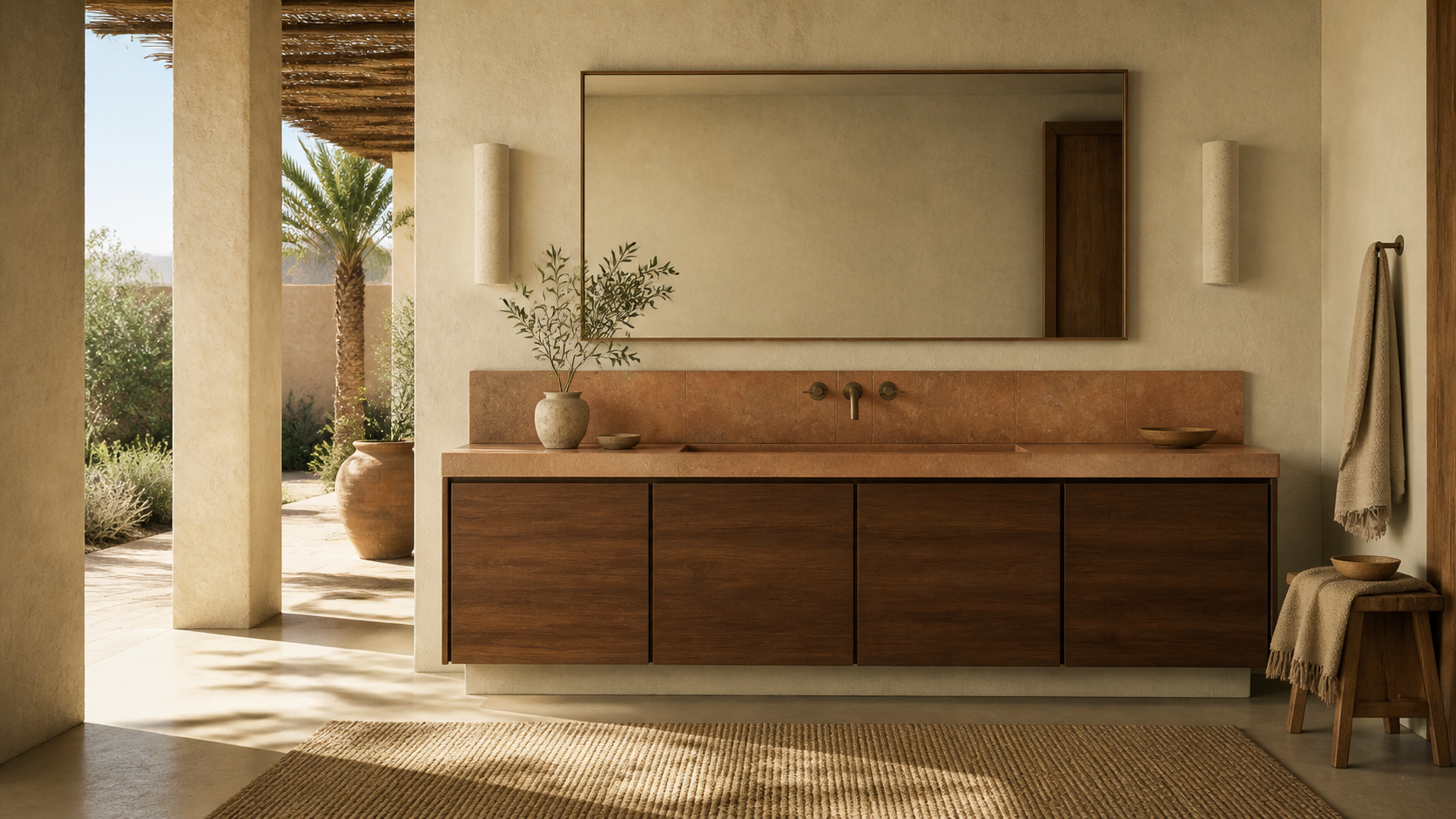 Fadior Voyage Bath Vanity with Lime Plaster Basin Console — lifestyle setting with natural light and residential styling