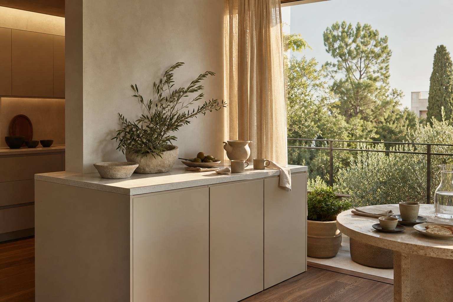 Fadior The Designer’s Canvas: How Fantini and SieMatic Are Redefining the Luxury Kitchen and Bath as a Unified Sensory Experience — service counter, balcony trees, olive branches, stone table, curtain, cabinet niche