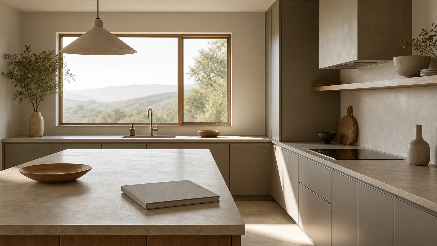 Quiet residential kitchen with warm grey cabinetry and pale surfaces under morning light.