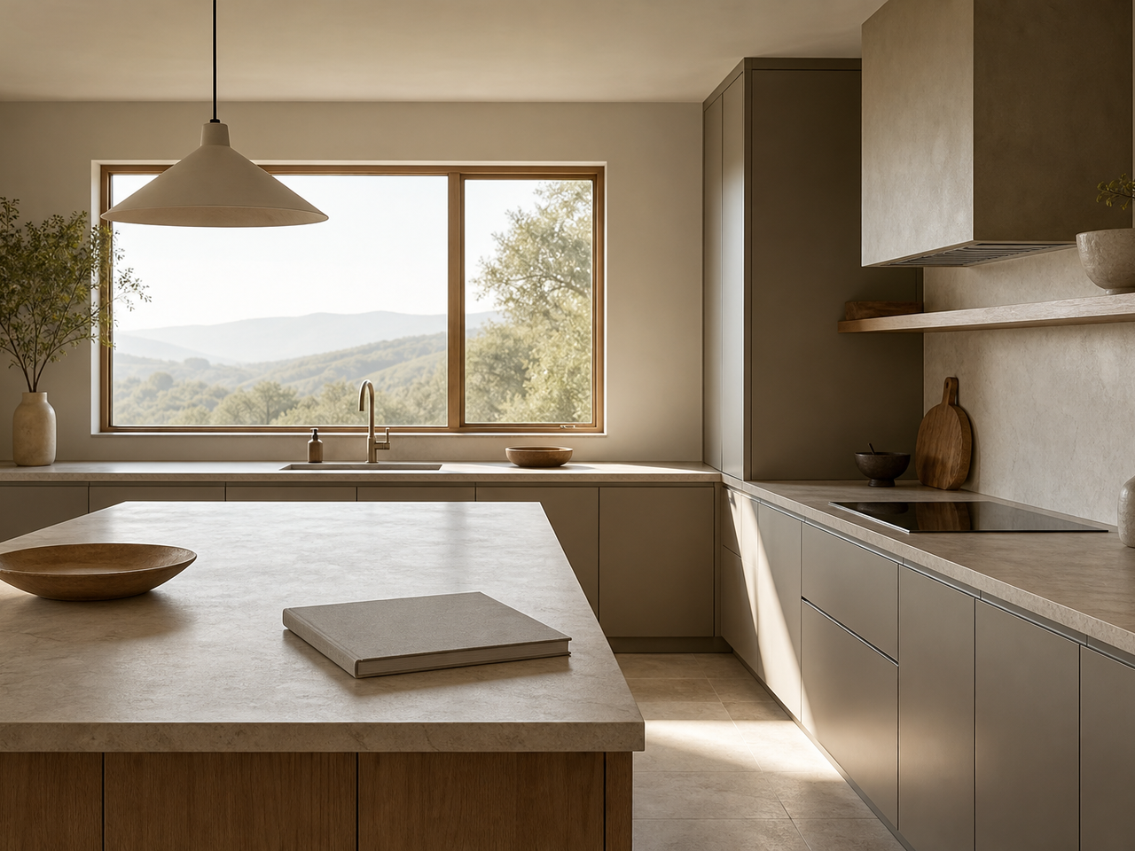 Quiet residential kitchen with warm grey cabinetry and pale surfaces under morning light. — 304 stainless steel cabinetry editorial by Fadior