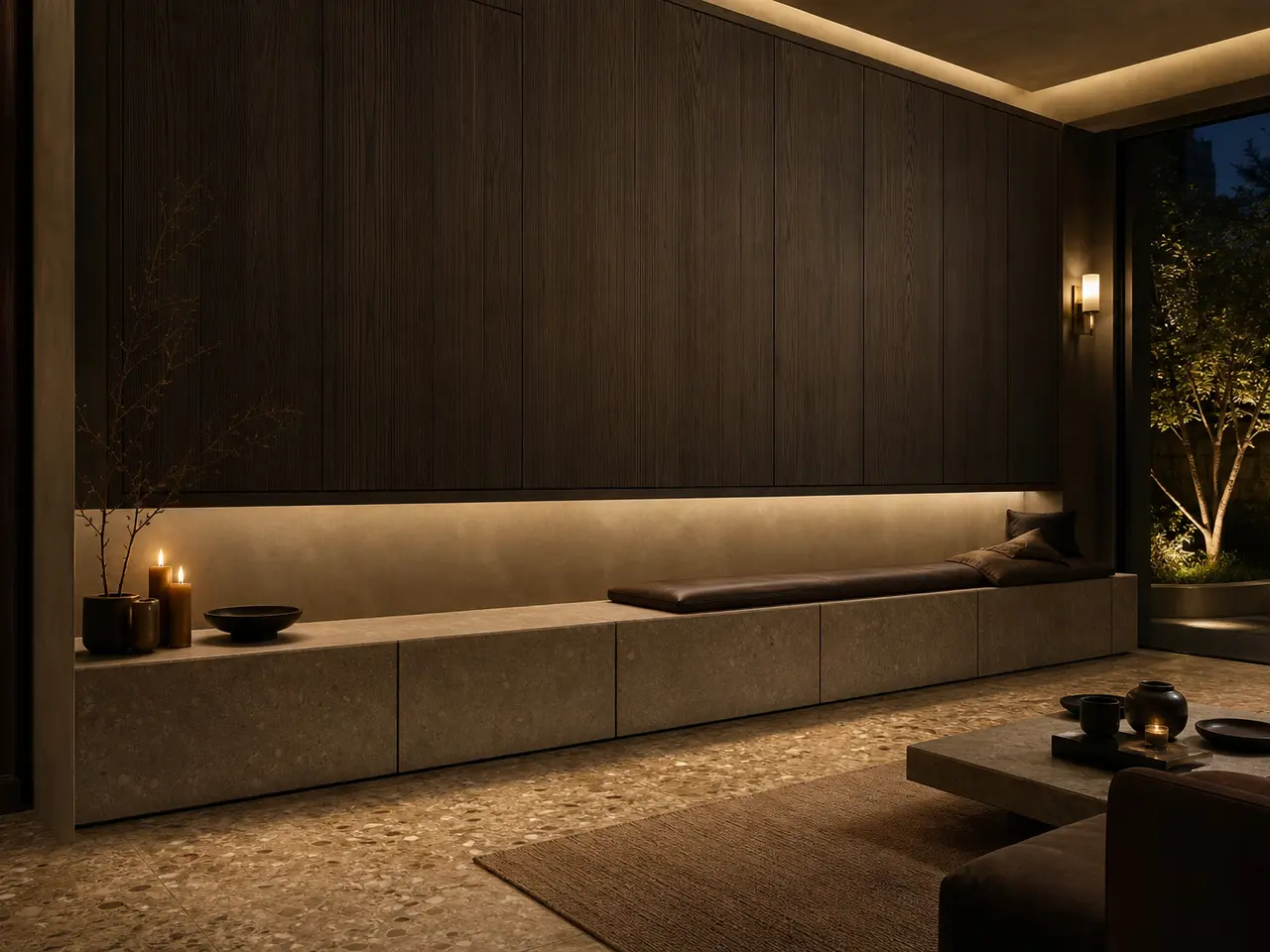 Fadior Veneto Living Room Suite with Stone Ledge Console Wall - stainless steel living room cabinetry with media storage, display shelving, concealed devices, and residential finishes