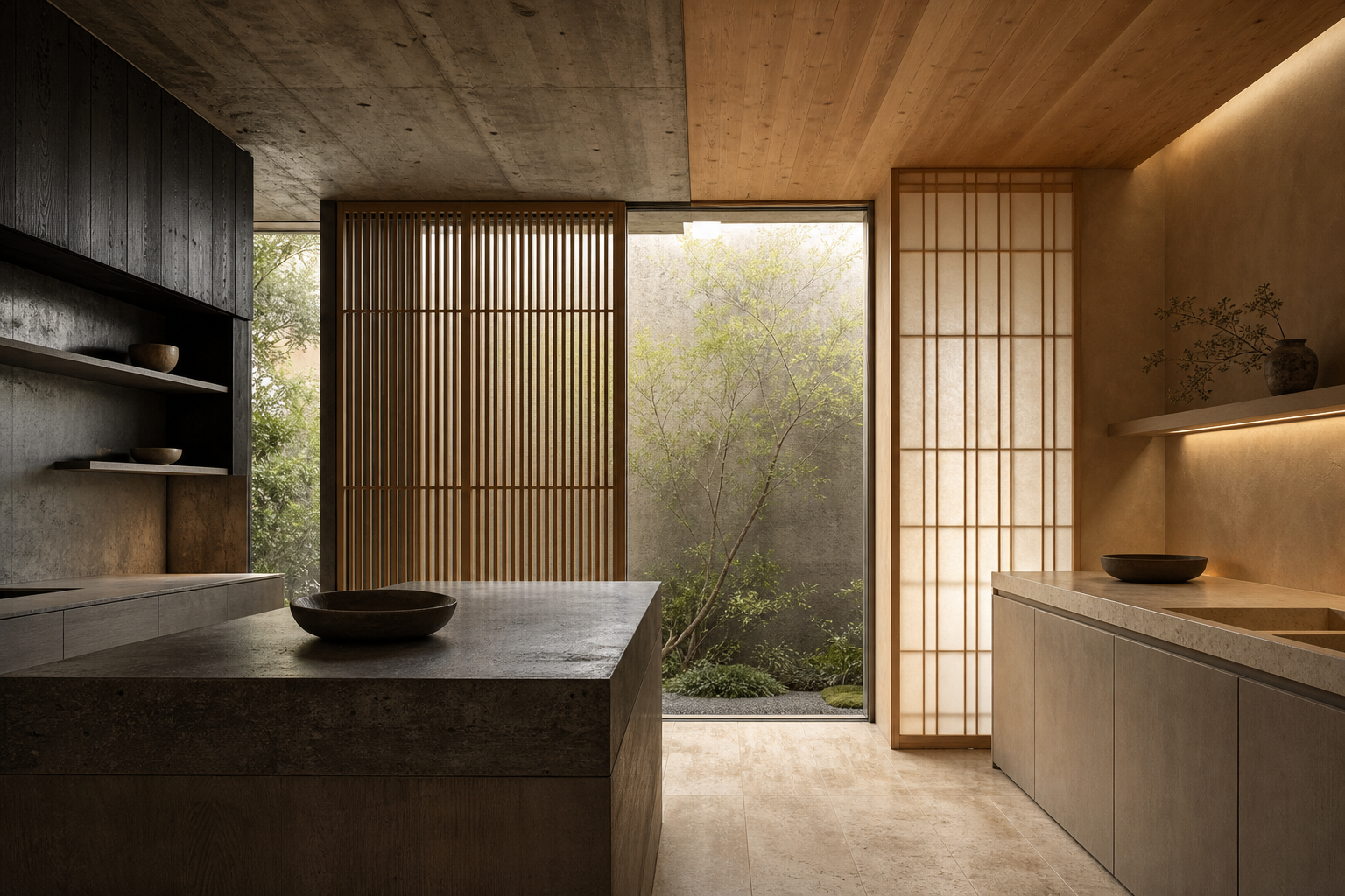 Kitchen decision comparison using wood lattice, clay plaster, and soft stone to balance structure and warmth.