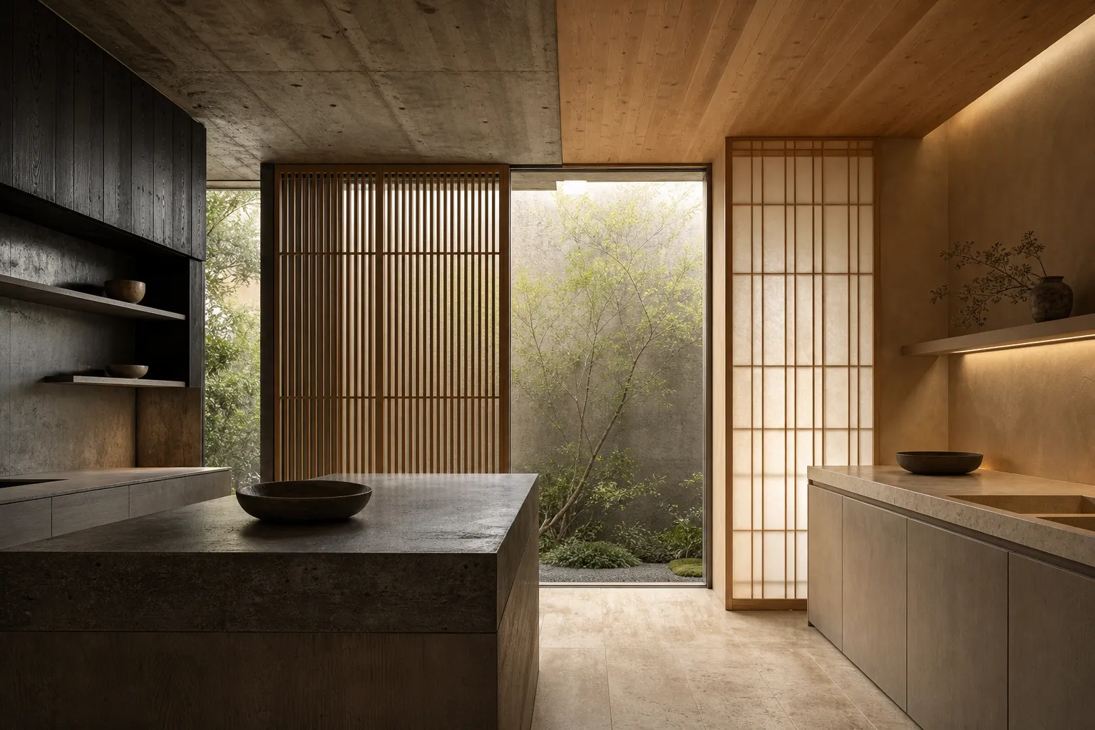 Kitchen decision comparison using wood lattice, clay plaster, and soft stone to balance structure and warmth.