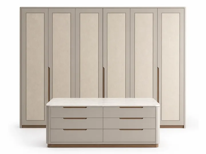 Fadior Radiance Wardrobe Suite with Quartz Dressing Island Wall — 304 stainless steel wardrobe system, front view