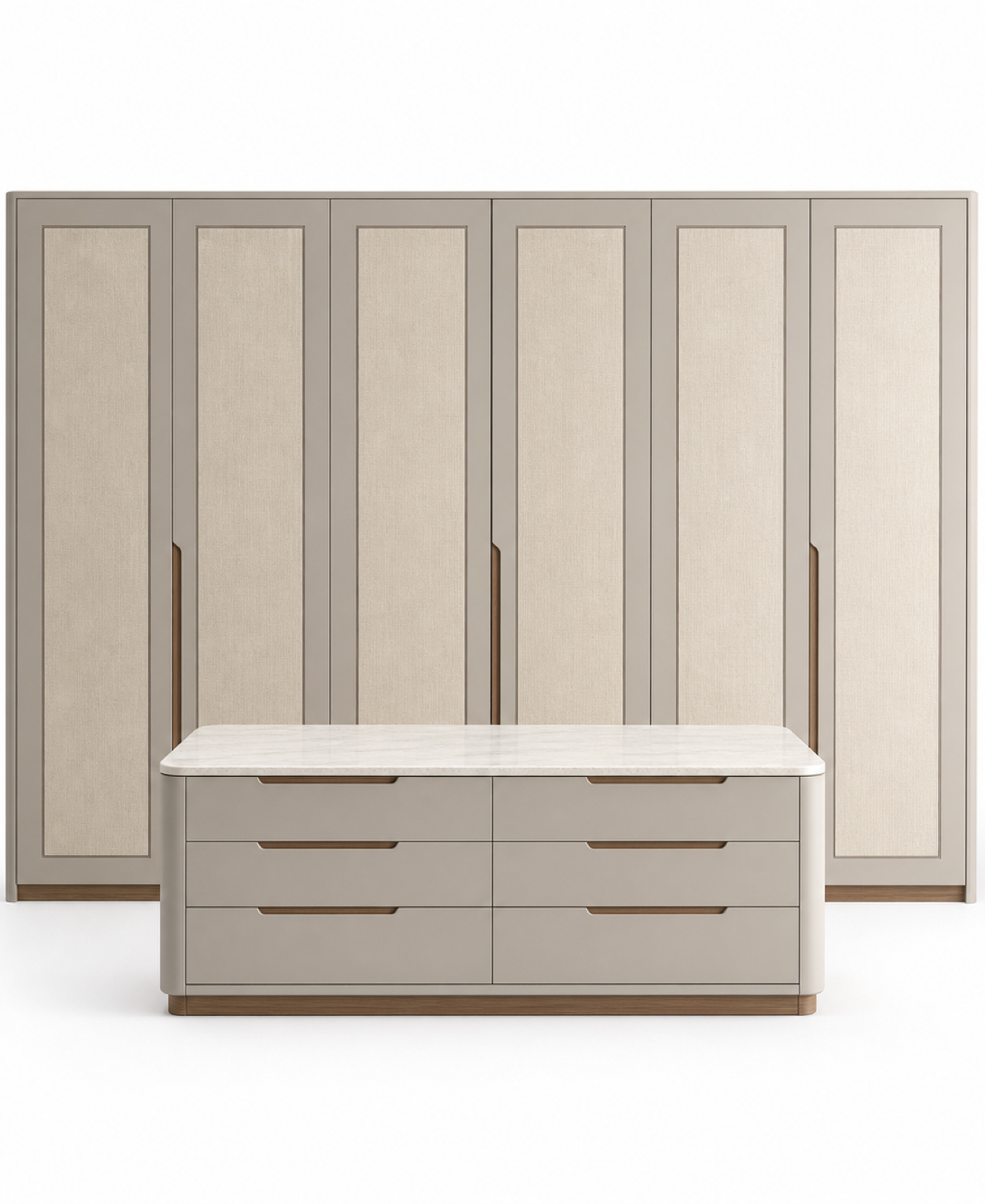 Fadior Radiance Wardrobe Suite with Quartz Dressing Island Wall — 304 stainless steel wardrobe system, front view