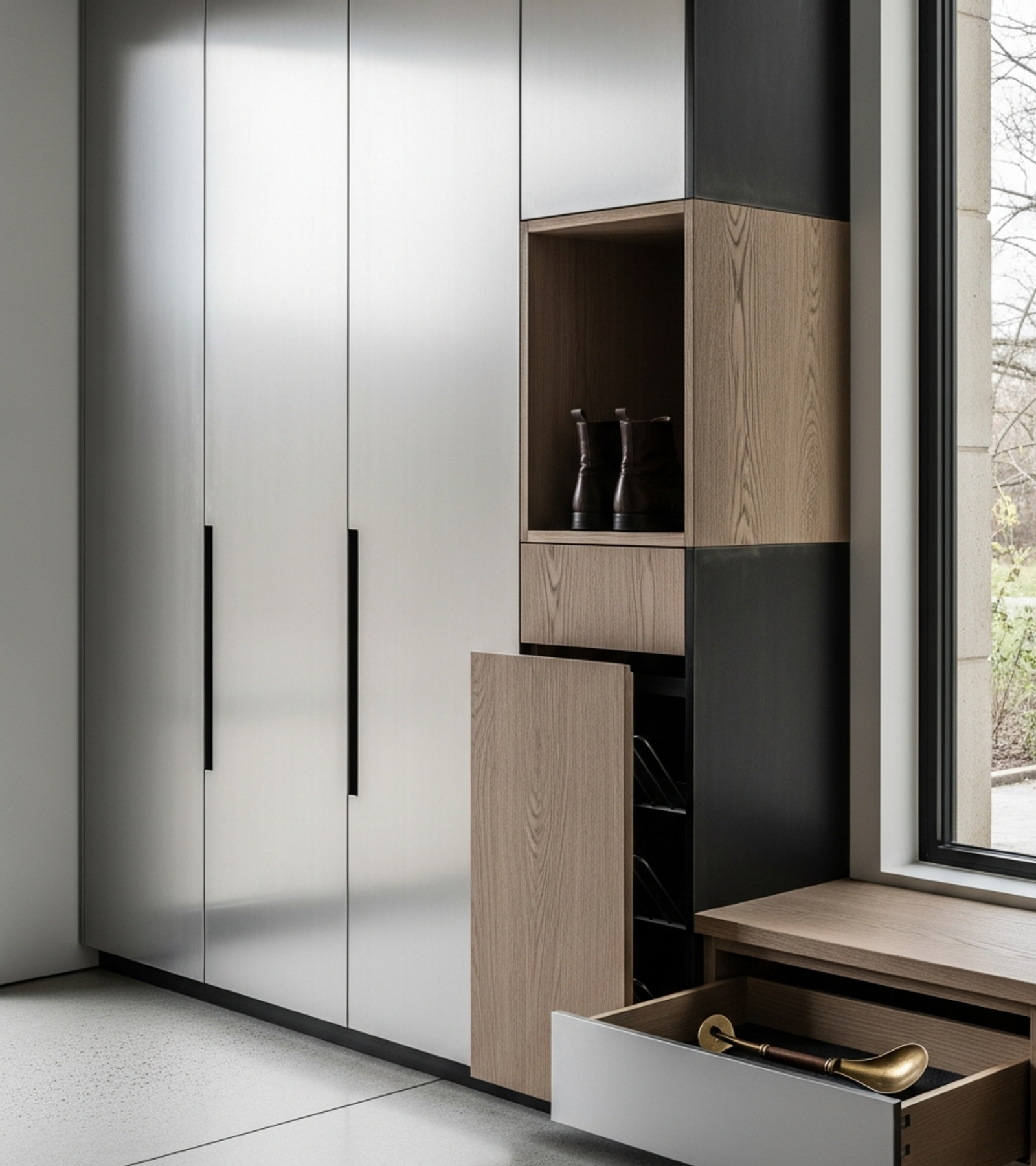 Fadior Archetype Entryway Suite — close-up of stainless steel finish and hardware detail