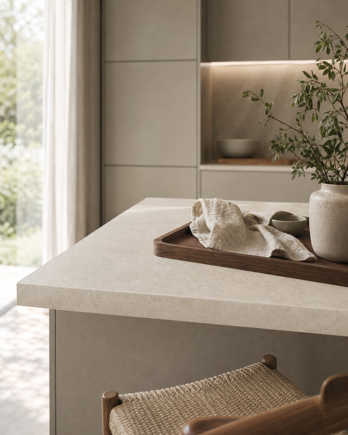 Close mood study of pale counter surface, woven chair, walnut tray, and soft daylight.