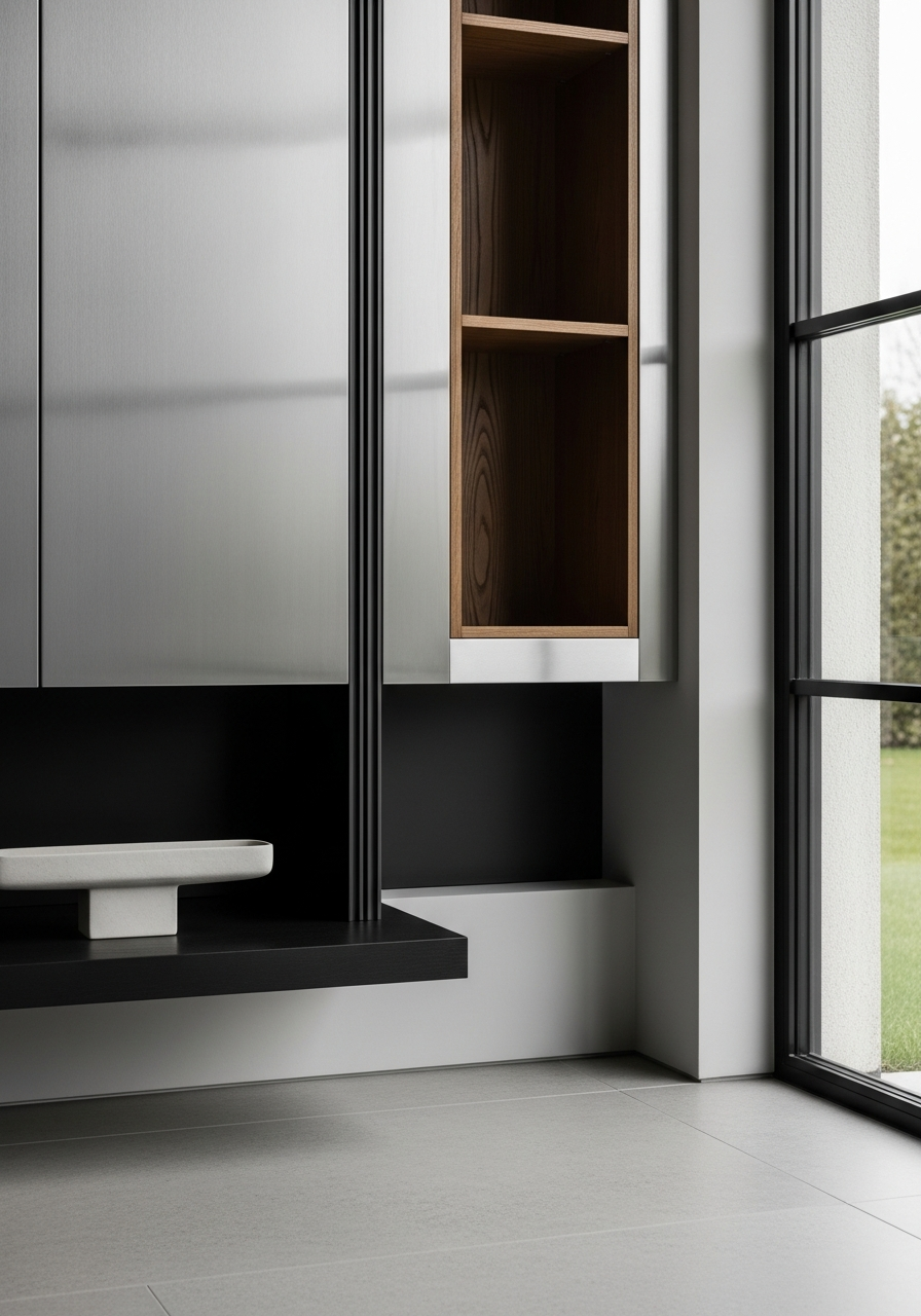 Fadior Essence Media Wall — close-up of stainless steel finish and hardware detail