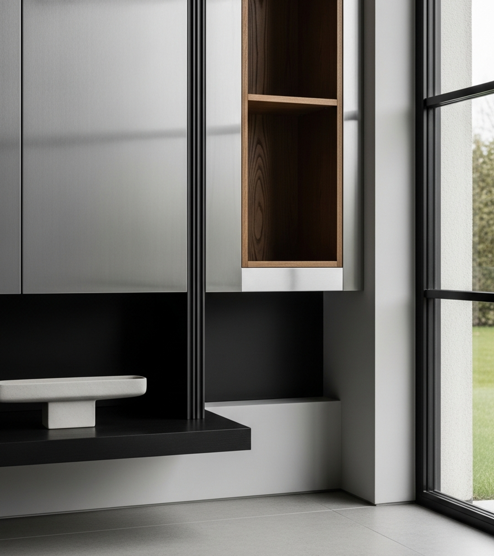 Fadior Essence Media Wall — close-up of stainless steel finish and hardware detail