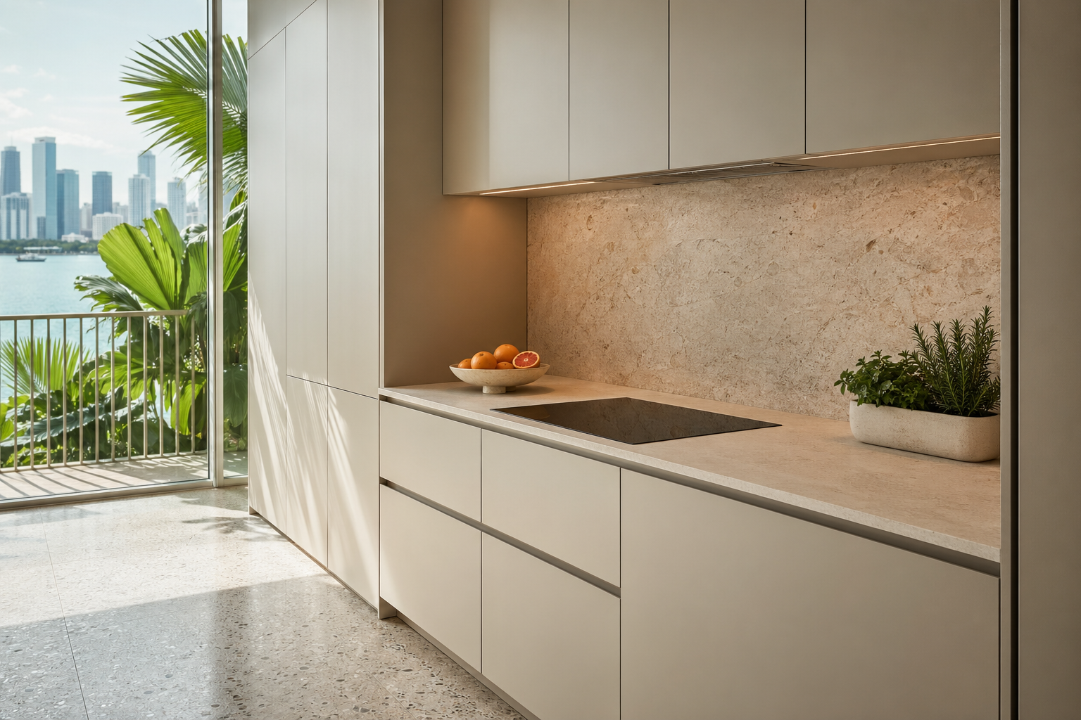Fadior Miami Compact Residence — kitchen counter, cooktop, pantry wall, balcony window