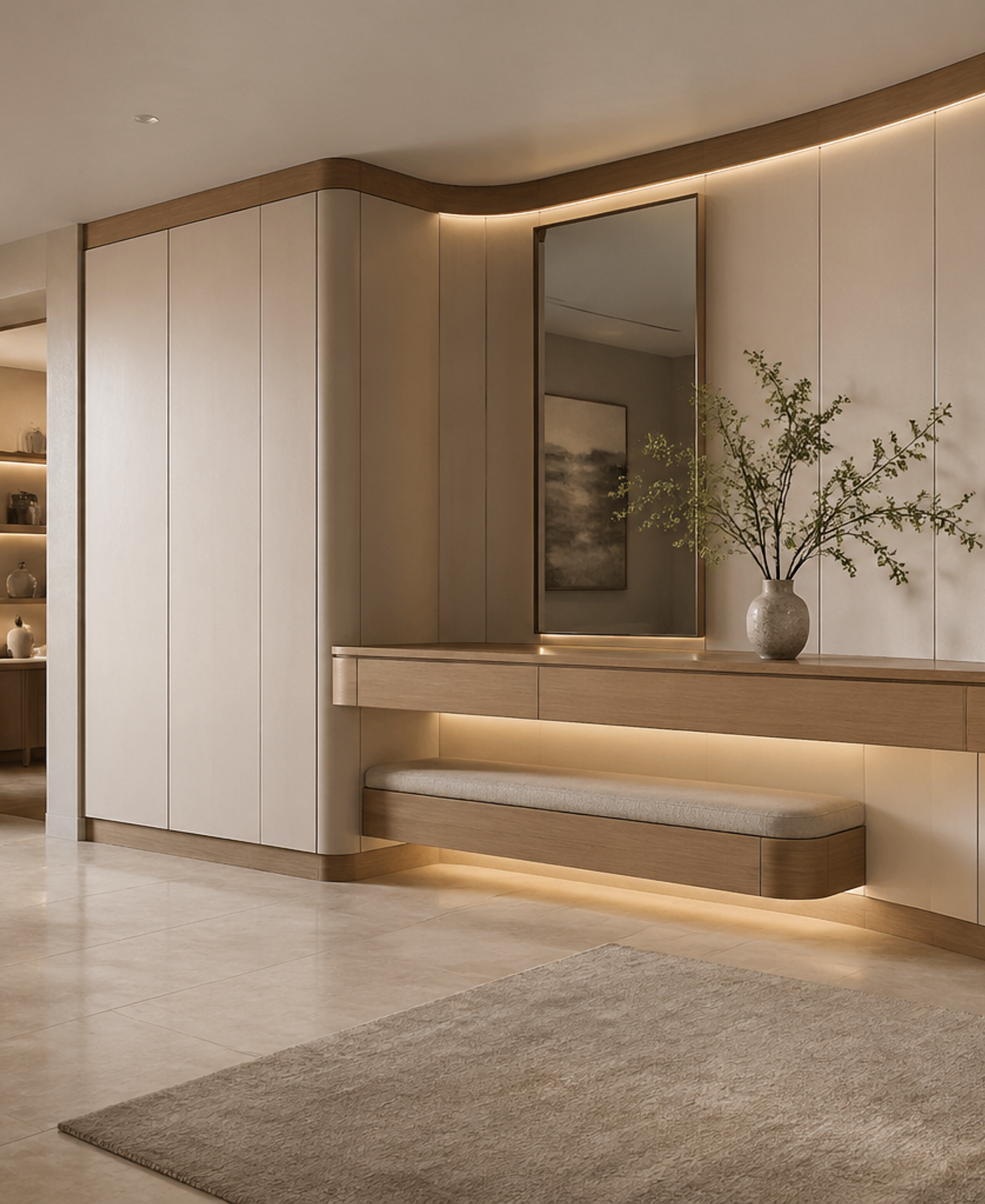 Fadior Ecliptic Entryway Suite with Curved Halo Console Wall — 304 stainless steel entryway system, front view