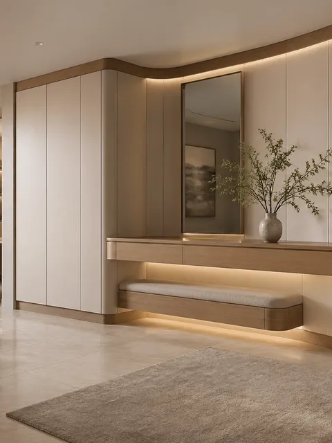 Fadior Ecliptic Entryway Suite with Curved Halo Console Wall — 304 stainless steel entryway system, front view