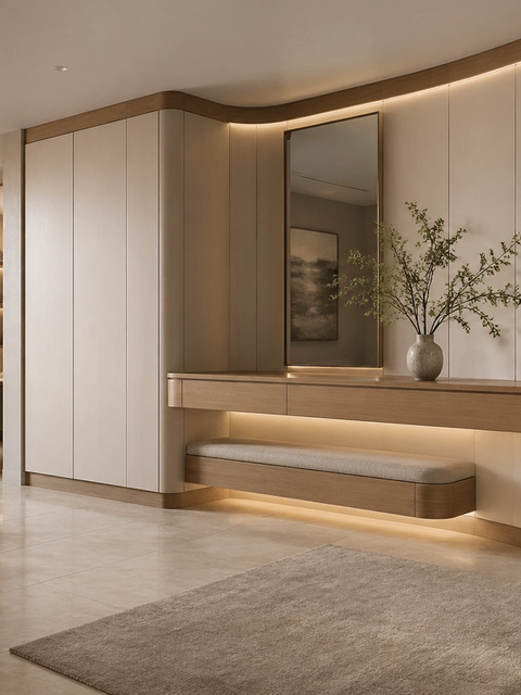 Fadior Ecliptic Entryway Suite with Curved Halo Console Wall — 304 stainless steel entryway system, front view