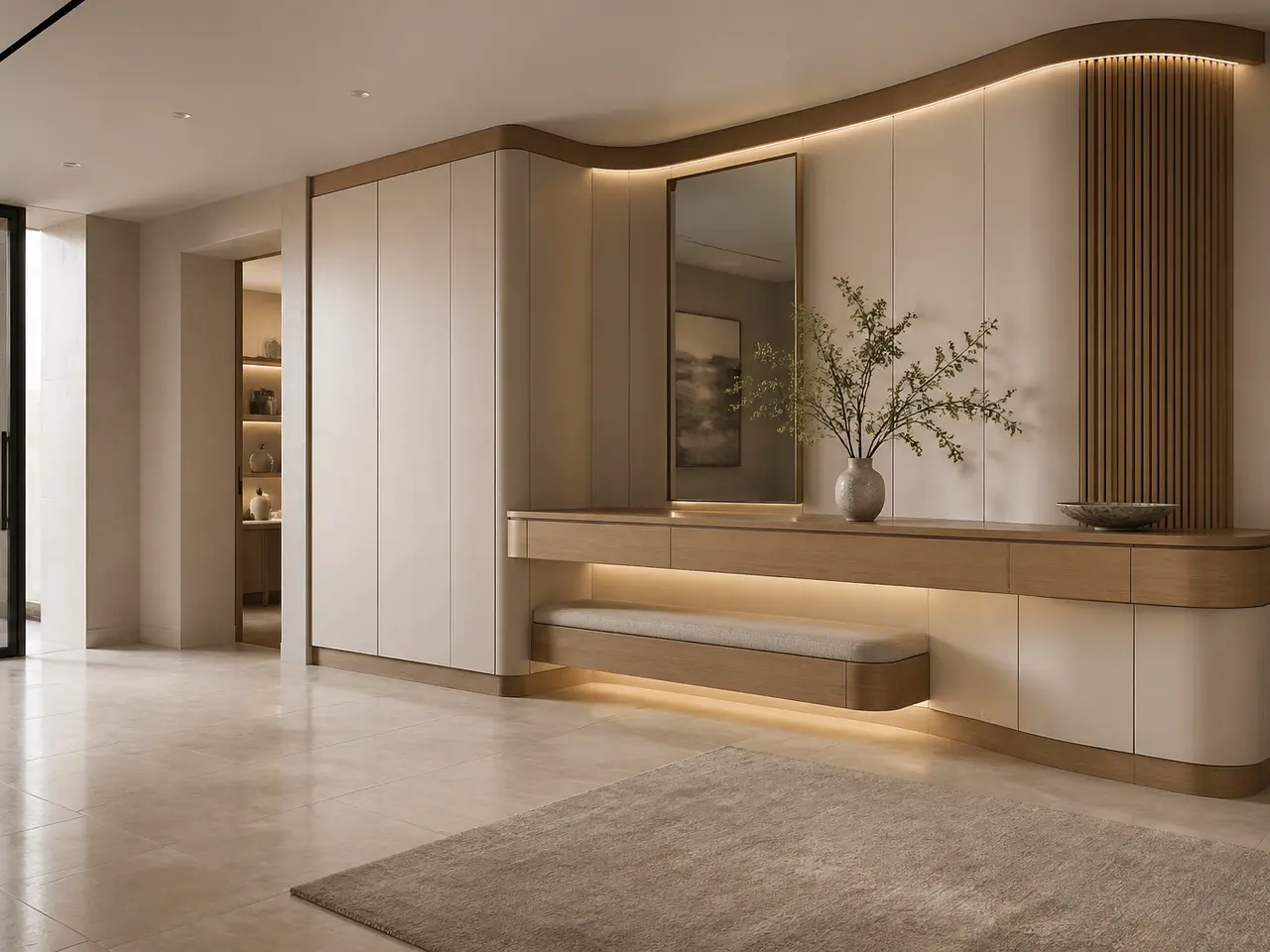 Fadior Ecliptic Entryway Suite with Curved Halo Console Wall - stainless steel entryway storage with shoe cabinet, bench seating, coat storage, console zone, and warm finishes