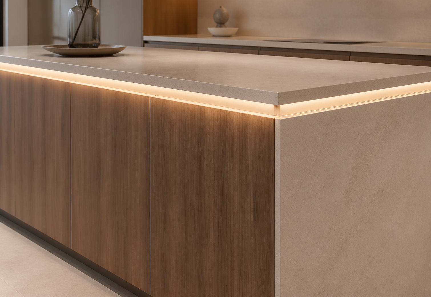 Fadior Pavilion Kitchen Suite with Integrated Light Band Island — close-up of stainless steel finish and hardware detail