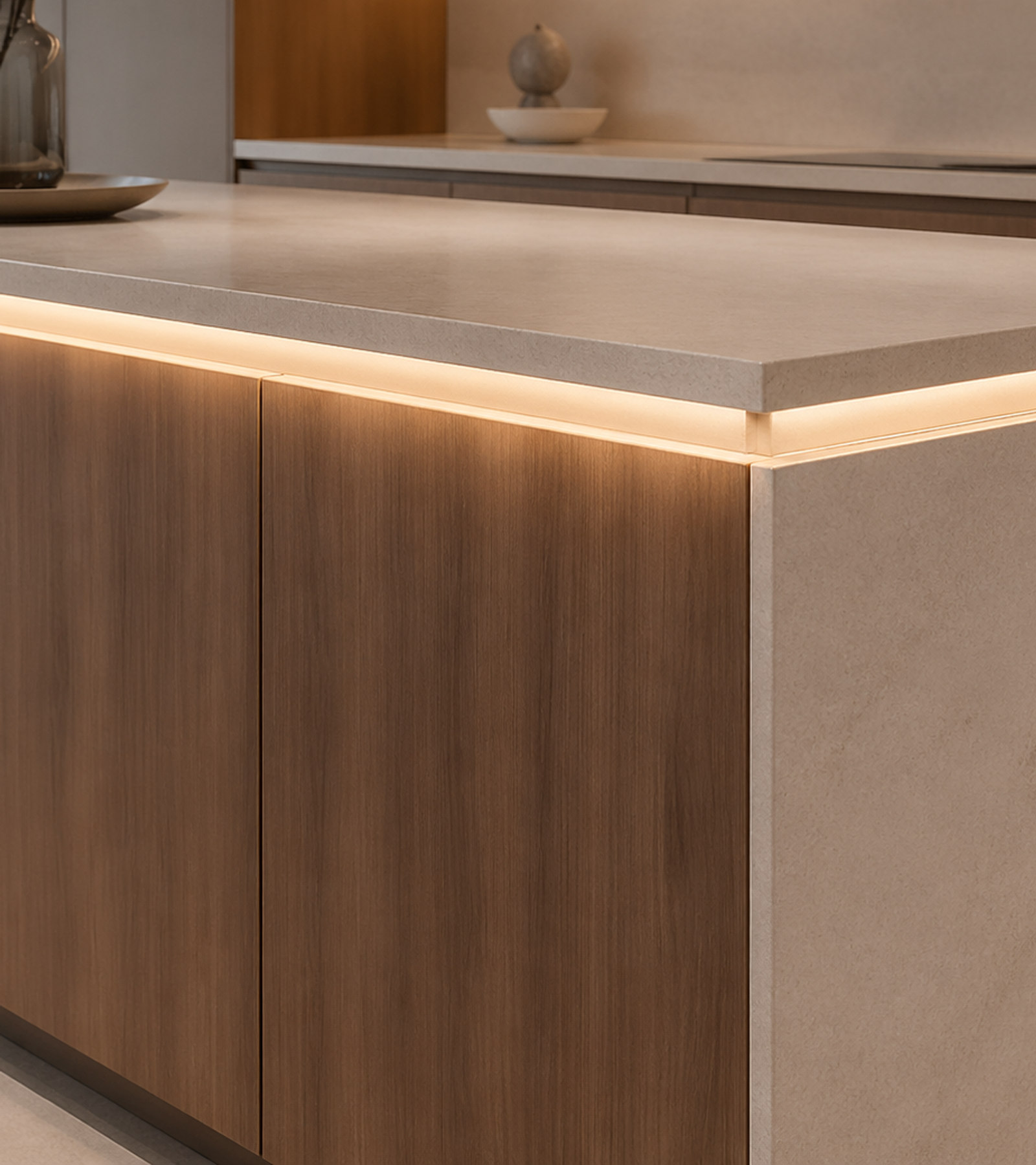Fadior Pavilion Kitchen Suite with Integrated Light Band Island — close-up of stainless steel finish and hardware detail