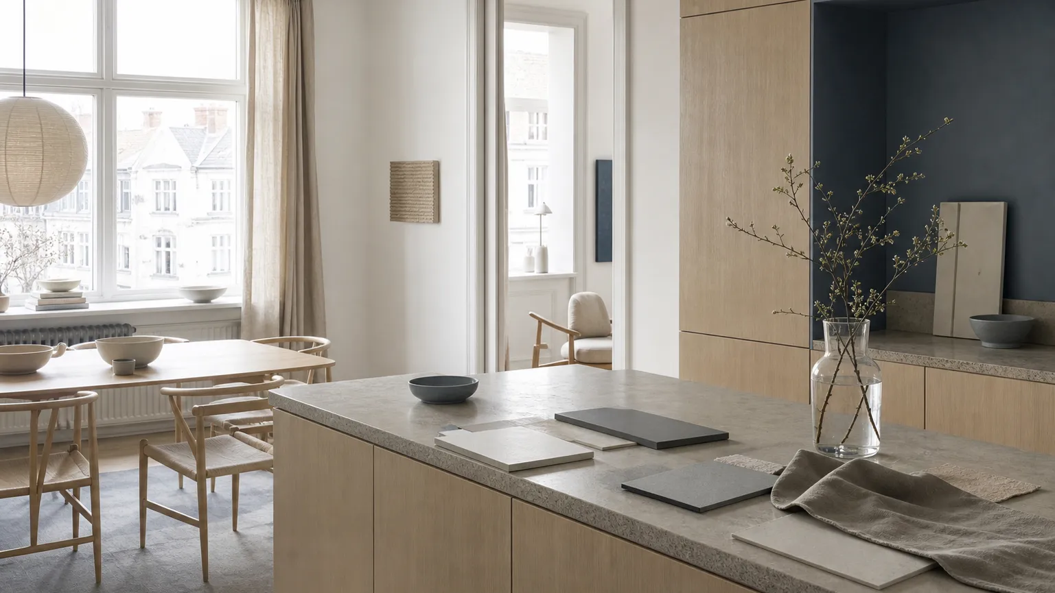 Urban kitchen atmosphere with blond ash fronts and chalk white finishes for material truth planning.