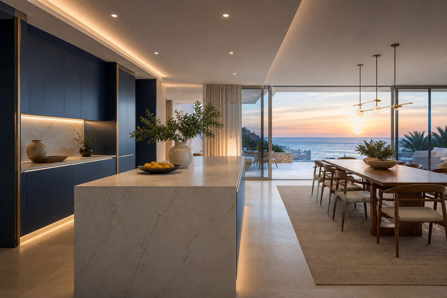 Fadior Algarve 420 sqm Kitchen Villa — blue cabinet wall, pale island, walnut dining table, ocean window — 304 stainless steel cabinetry installation by Fadior