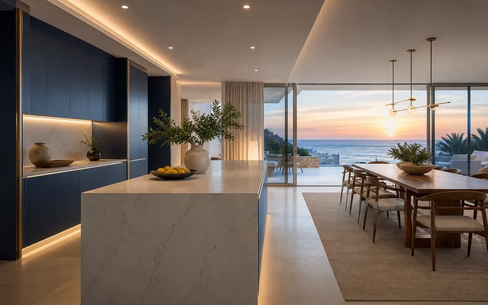 Fadior Algarve 420 sqm Kitchen Villa — blue cabinet wall, pale island, walnut dining table, ocean window — 304 stainless steel cabinetry installation by Fadior