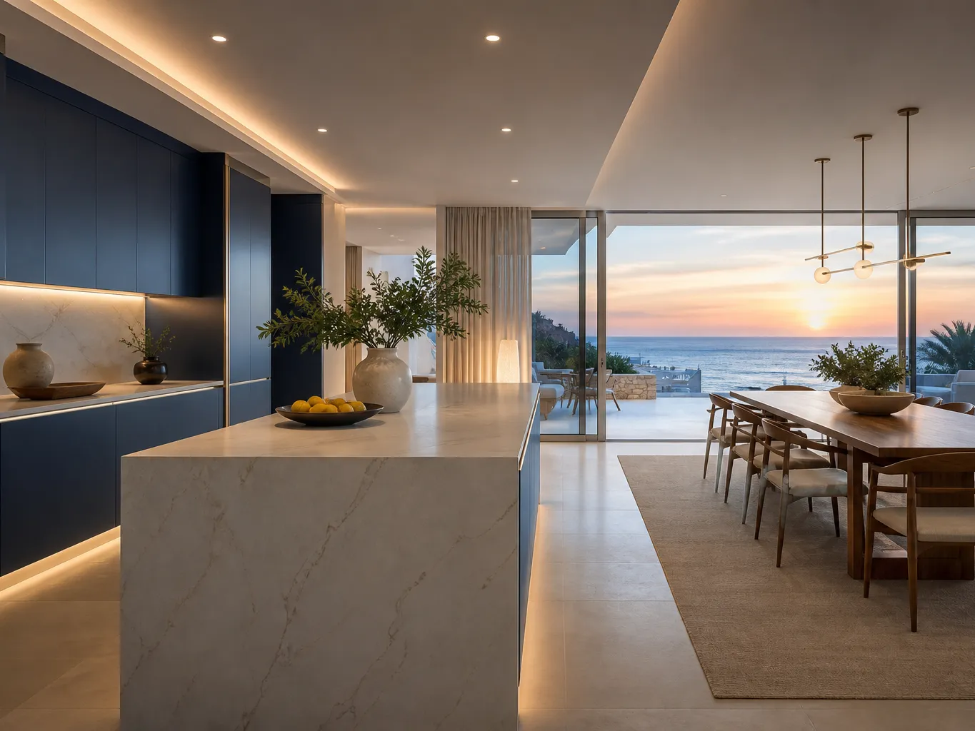 Fadior Algarve 420 sqm Kitchen Villa — blue cabinet wall, pale island, walnut dining table, ocean window