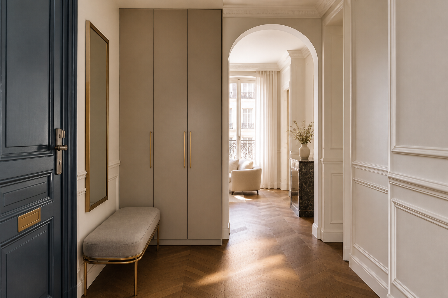 Fadior Savile Entryway Suite with Quiet Route Arrival Spine — interior room context showing cabinet integration