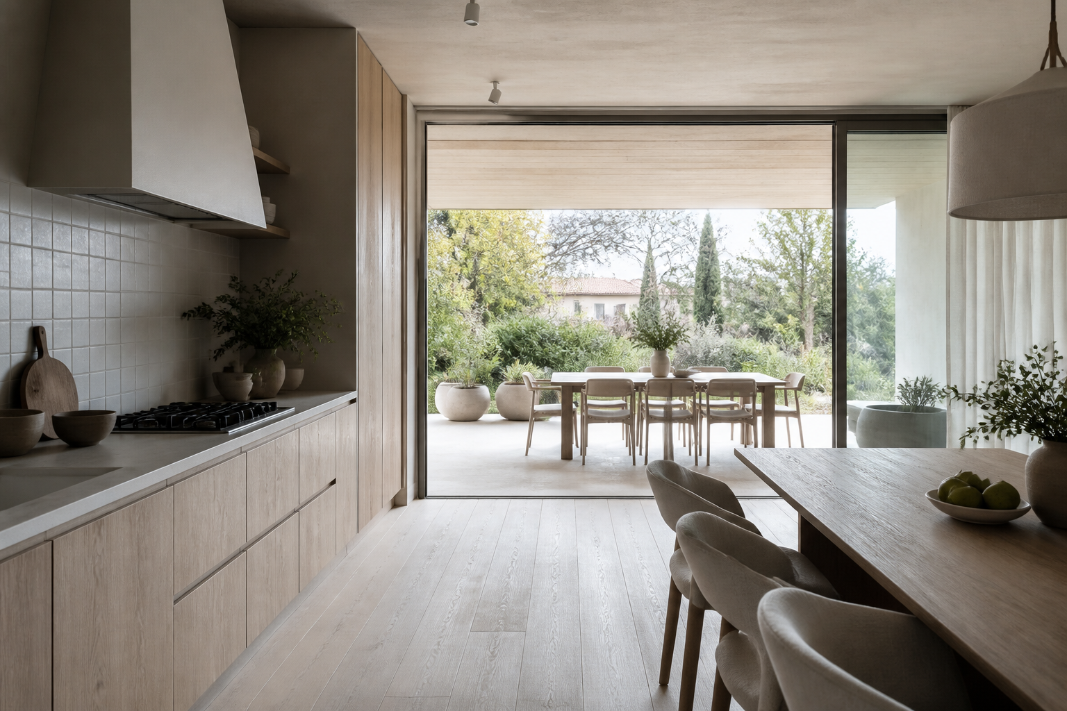 Fadior Tbilisi 340 sqm Kitchen Villa — pale cabinetry, terrace table, linen chairs, garden opening and oak floor