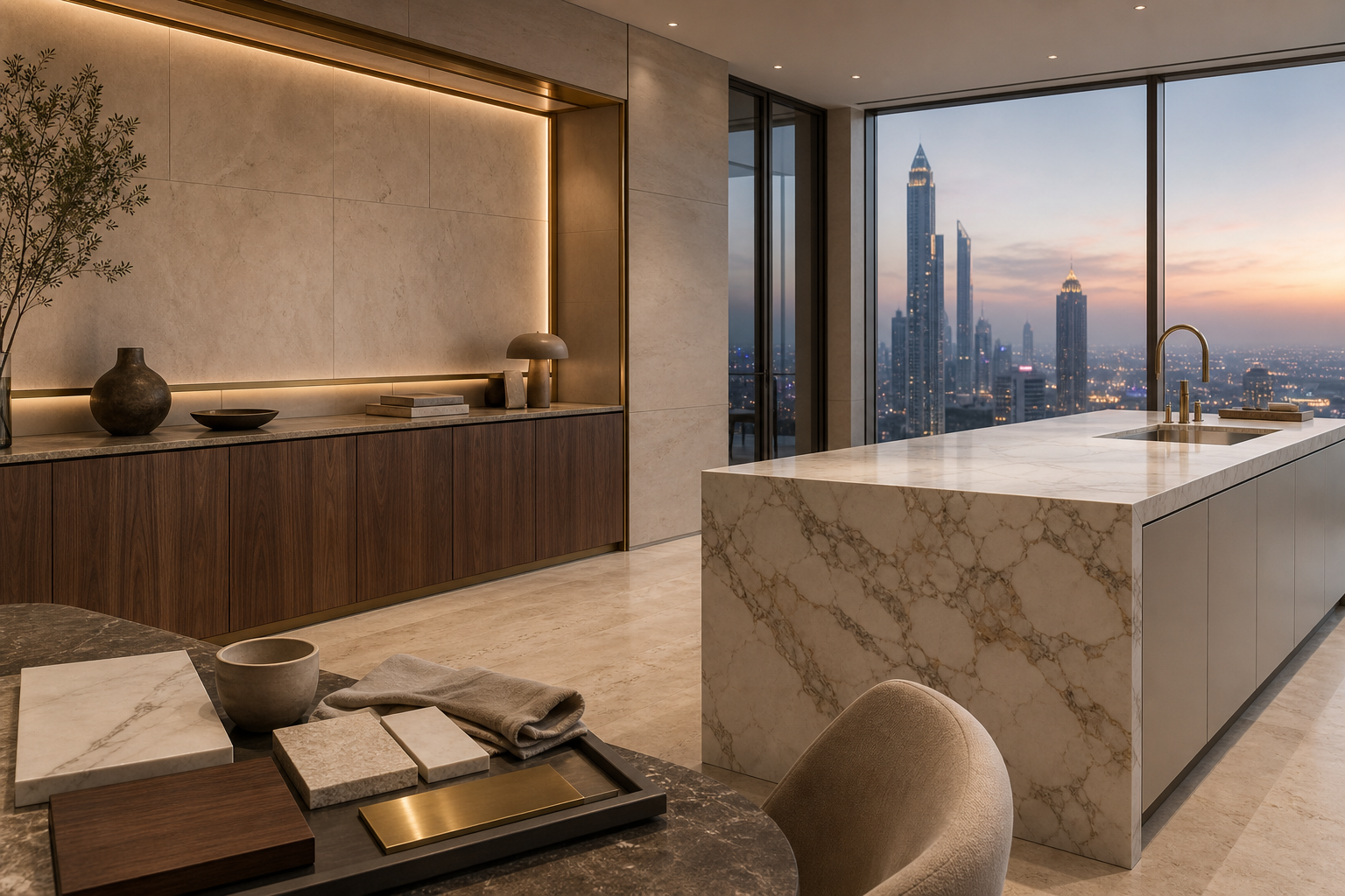 Fadior Dubai 250 sqm Kitchen Penthouse — Dubai finish study with marble island, walnut sideboard, limestone wall, stone samples, skyline window, chair, and brass tray