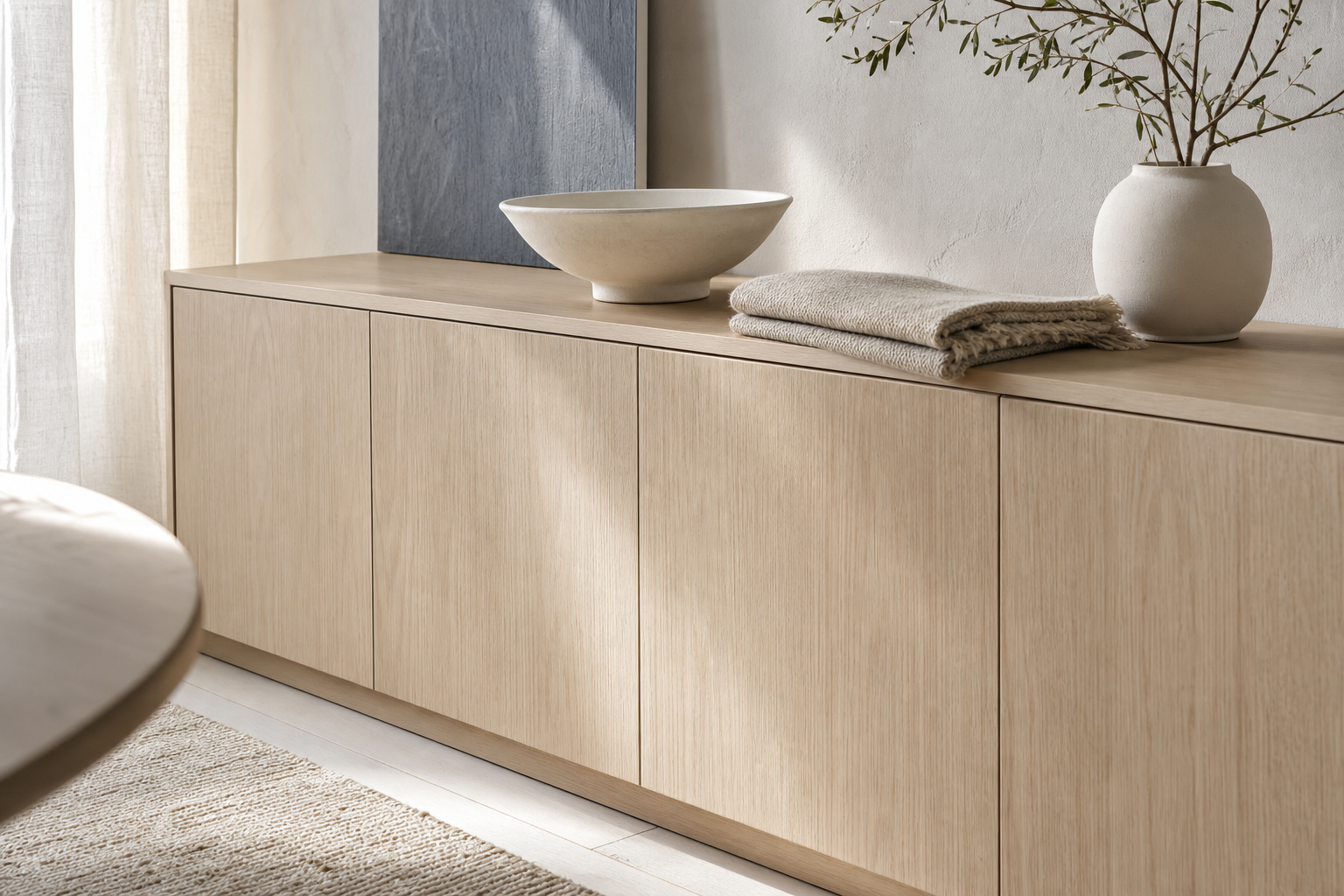Microfiber cloth and calm cabinet surface study for finish-safe cleaning.