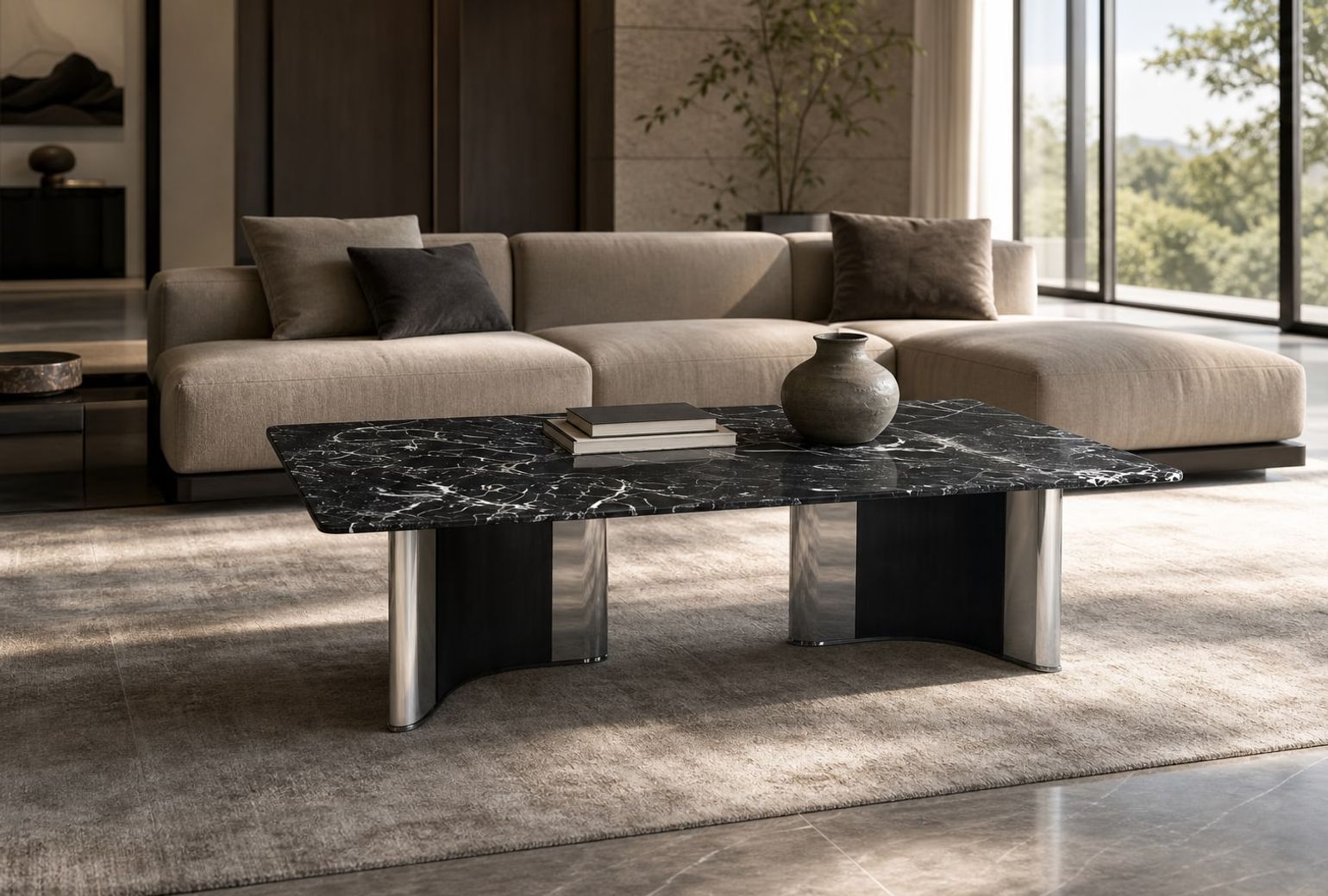 Stone-Top Coffee Table (Mirror stainless steel) styled in a FADIOR HOME interior setting