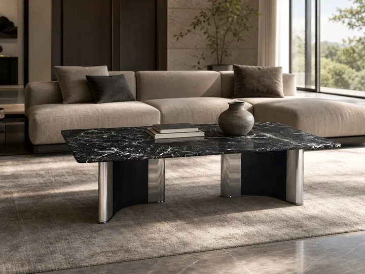 Mesa de centro de mármol con base de cobre antiguo