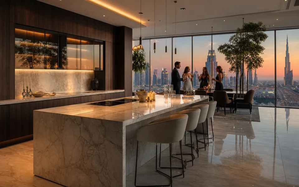 Fadior Dubai 220 sqm Kitchen Penthouse — Fadior Dubai penthouse kitchen — marble island, walnut cabinetry, skyline window, — 304 stainless steel cabinetry installation by Fadior