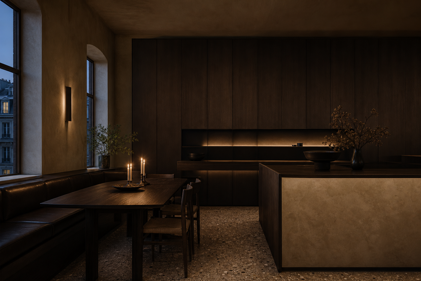 Moody townhouse kitchen and dining room showing modular wall rhythm, smoked oak, warm plaster, and quiet luxury planning.