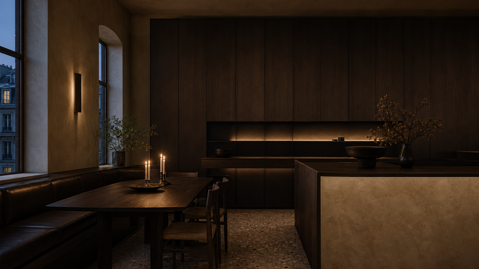 Moody townhouse kitchen and dining room showing modular wall rhythm, smoked oak, warm plaster, and quiet luxury planning.