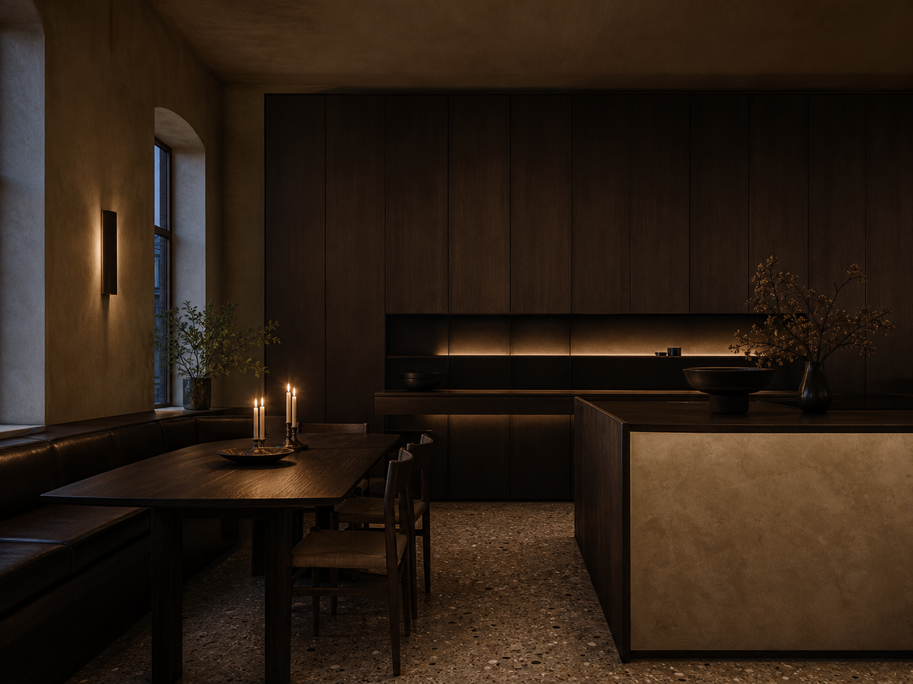 Moody townhouse kitchen and dining room showing modular wall rhythm, smoked oak, warm plaster, and quiet luxury planning. — 304 stainless steel cabinetry editorial by Fadior