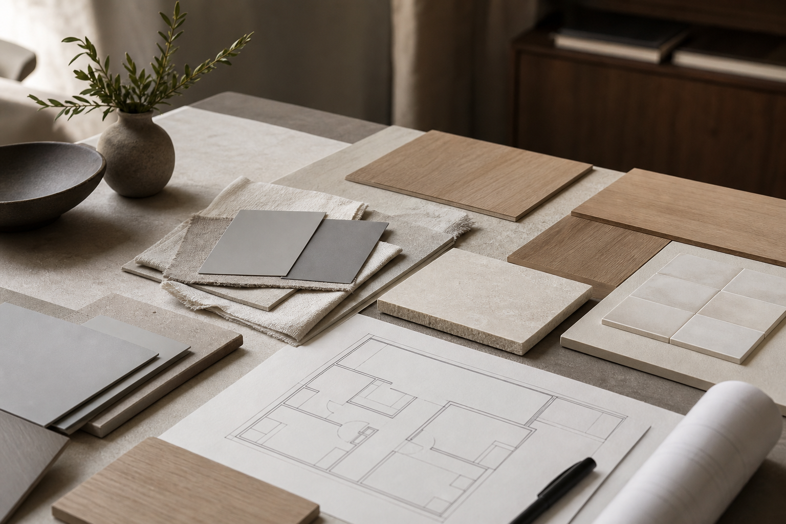 Renovation material mood with pale stone, wood panels, matte grey swatches, linen, and ceramic tile.
