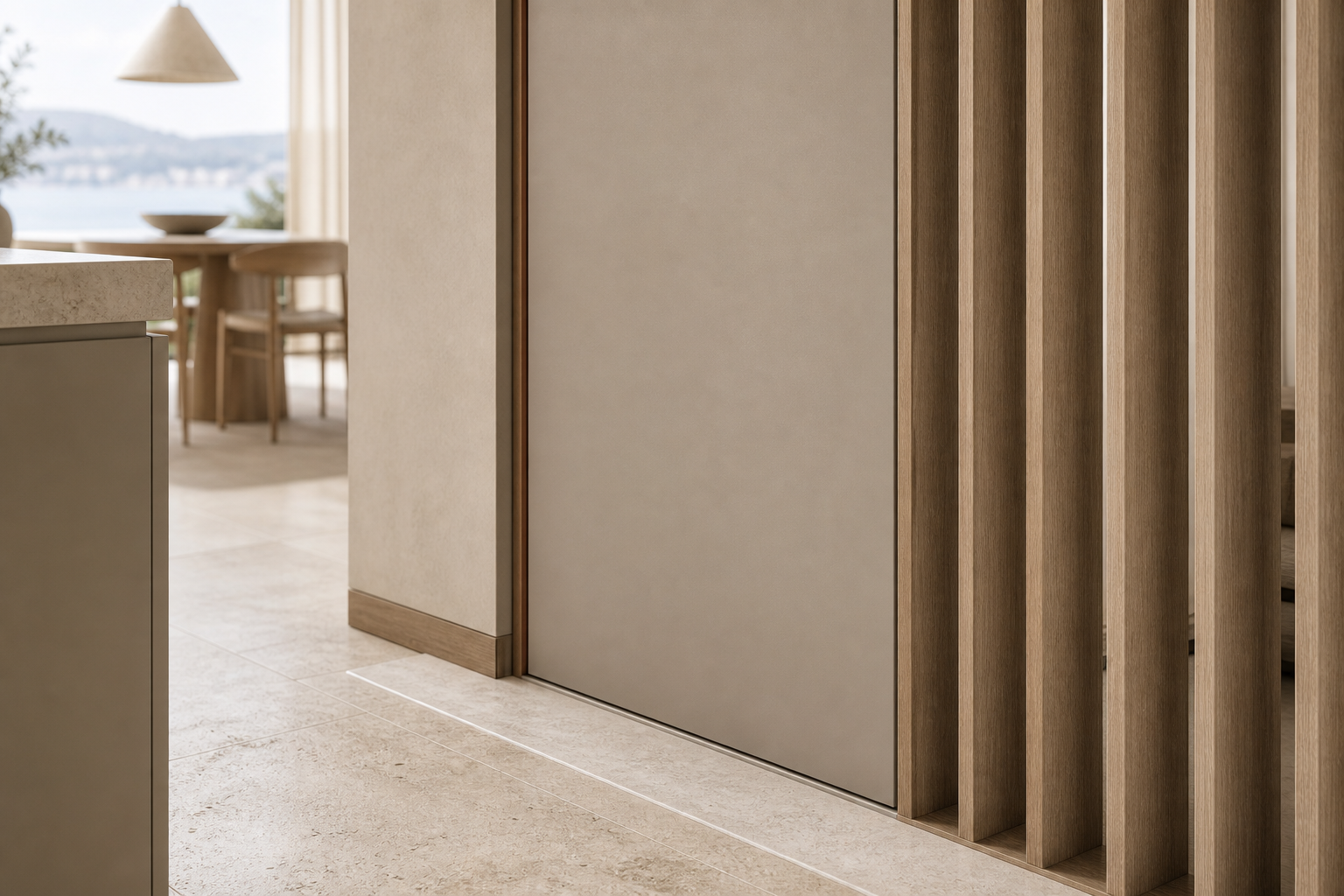 Fadior Silhouette Interior Door Suite with Sculptural Fin Passage Screen — close-up of stainless steel finish and hardware