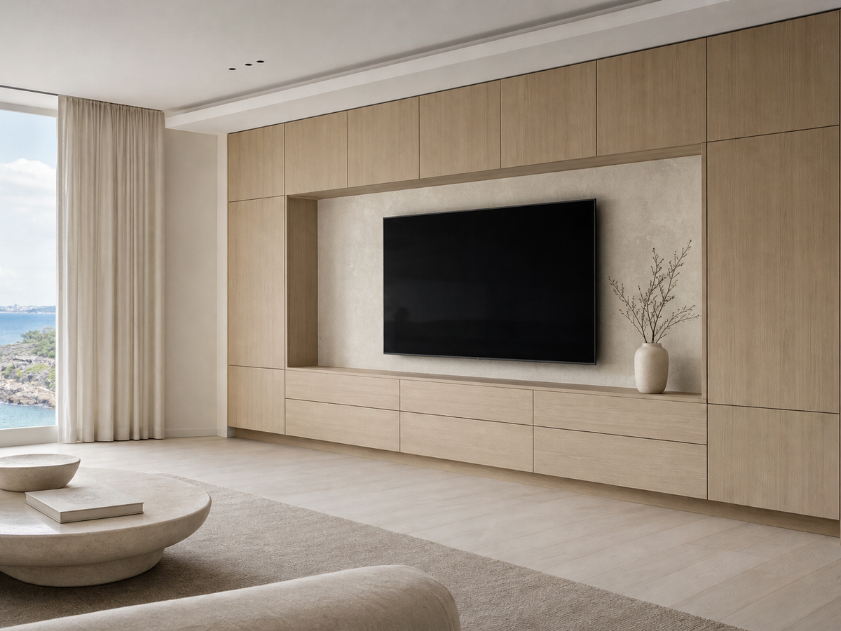 Fadior Silvan Blond Ash Media Gallery — 304 stainless steel living room system, front view
